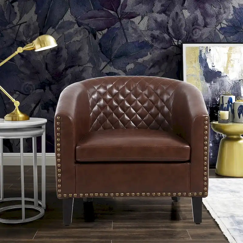 Quilted PU Leather Barrel Accent Chair with Nailhead Trim and Solid Wood Legs