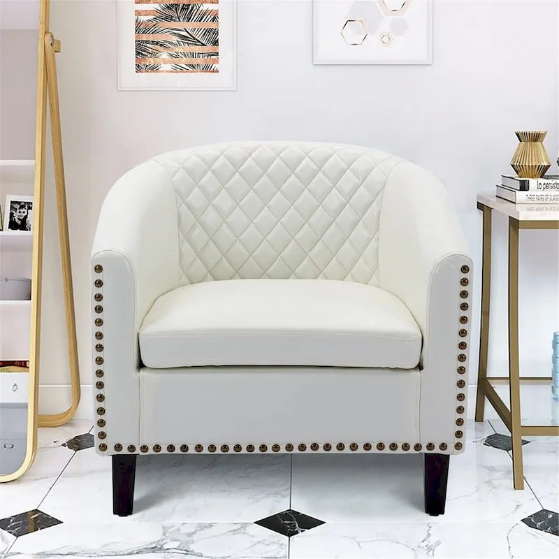 Quilted PU Leather Barrel Accent Chair with Nailhead Trim and Solid Wood Legs