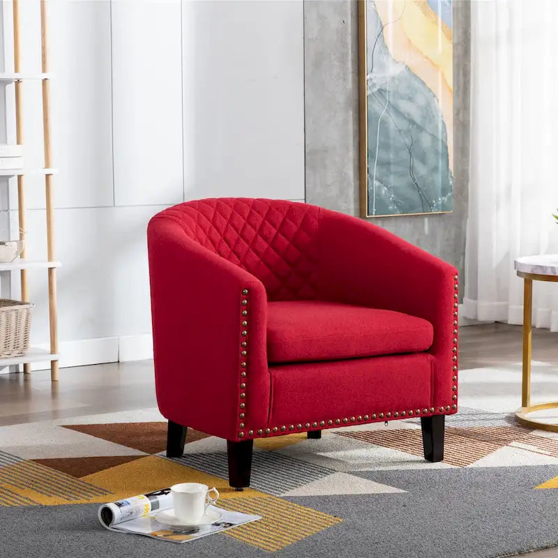 Quilted PU Leather Barrel Accent Chair with Nailhead Trim and Solid Wood Legs