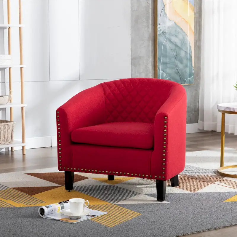 Quilted PU Leather Barrel Accent Chair with Nailhead Trim and Solid Wood Legs