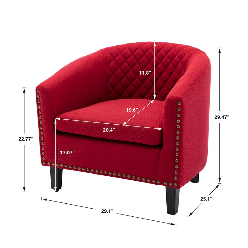 Quilted PU Leather Barrel Accent Chair with Nailhead Trim and Solid Wood Legs