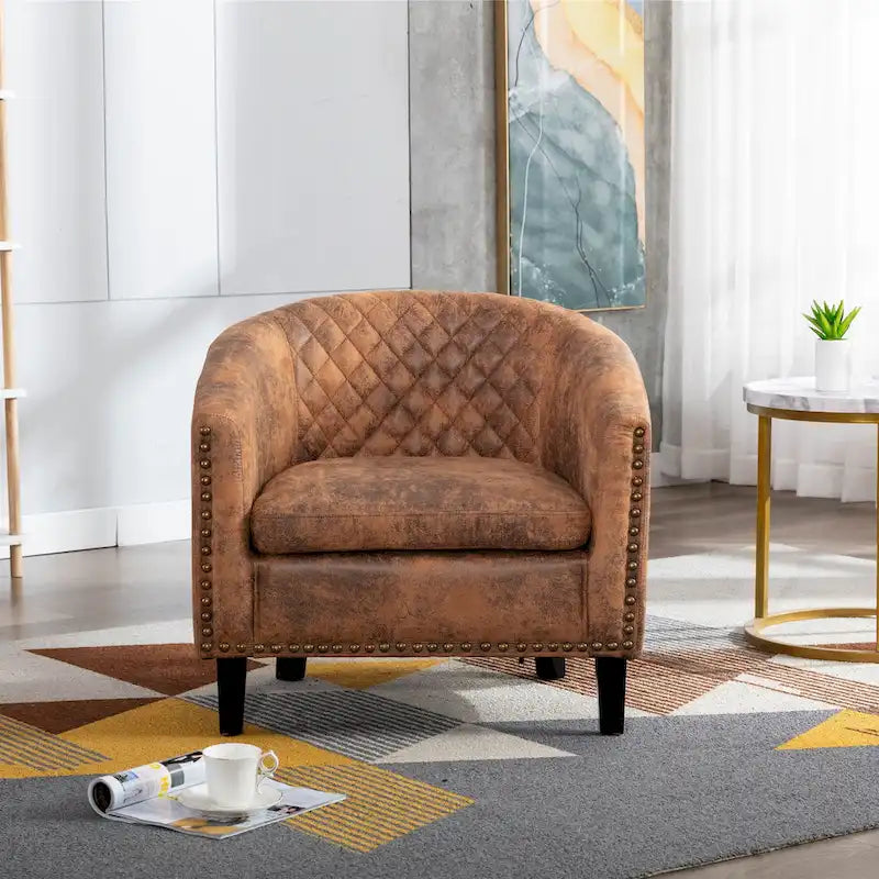 Quilted PU Leather Barrel Accent Chair with Nailhead Trim and Solid Wood Legs