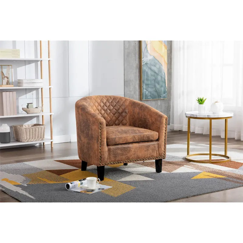 Quilted PU Leather Barrel Accent Chair with Nailhead Trim and Solid Wood Legs