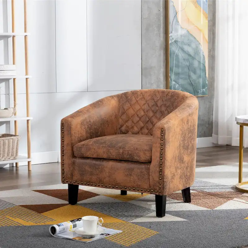 Quilted PU Leather Barrel Accent Chair with Nailhead Trim and Solid Wood Legs