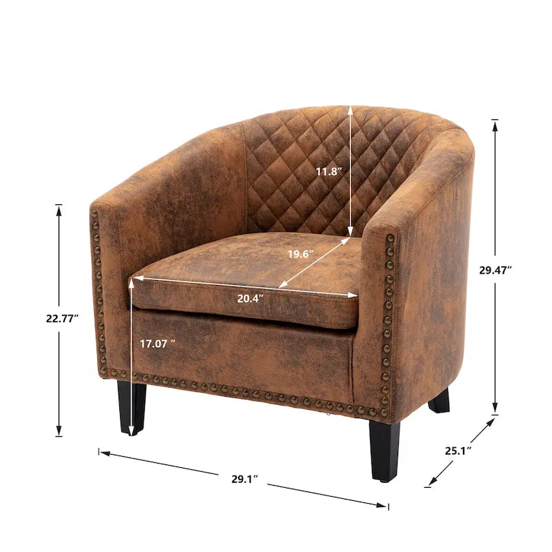 Quilted PU Leather Barrel Accent Chair with Nailhead Trim and Solid Wood Legs