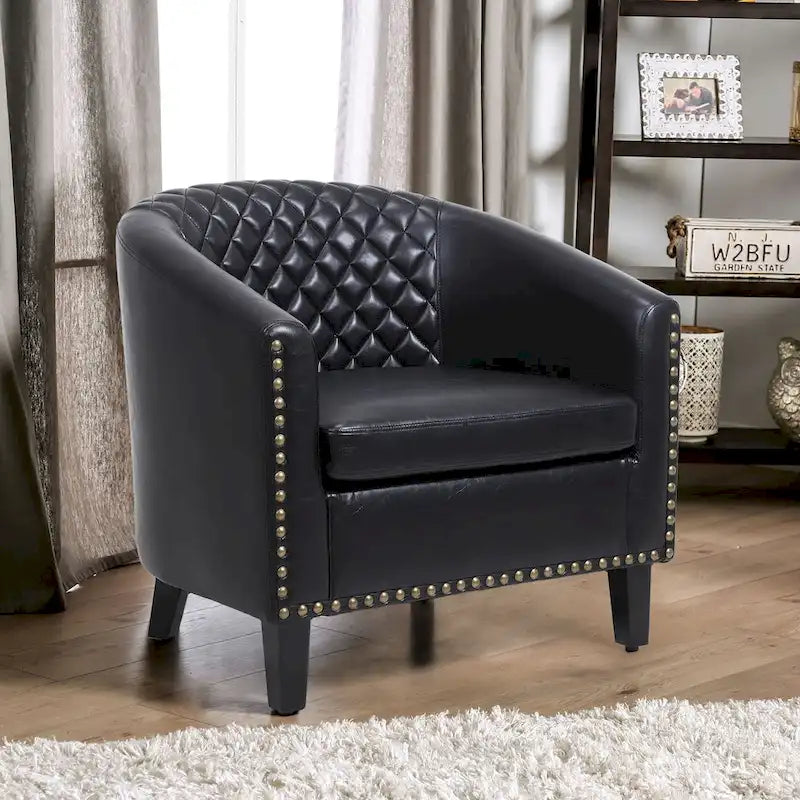 Quilted PU Leather Barrel Accent Chair with Nailhead Trim and Solid Wood Legs