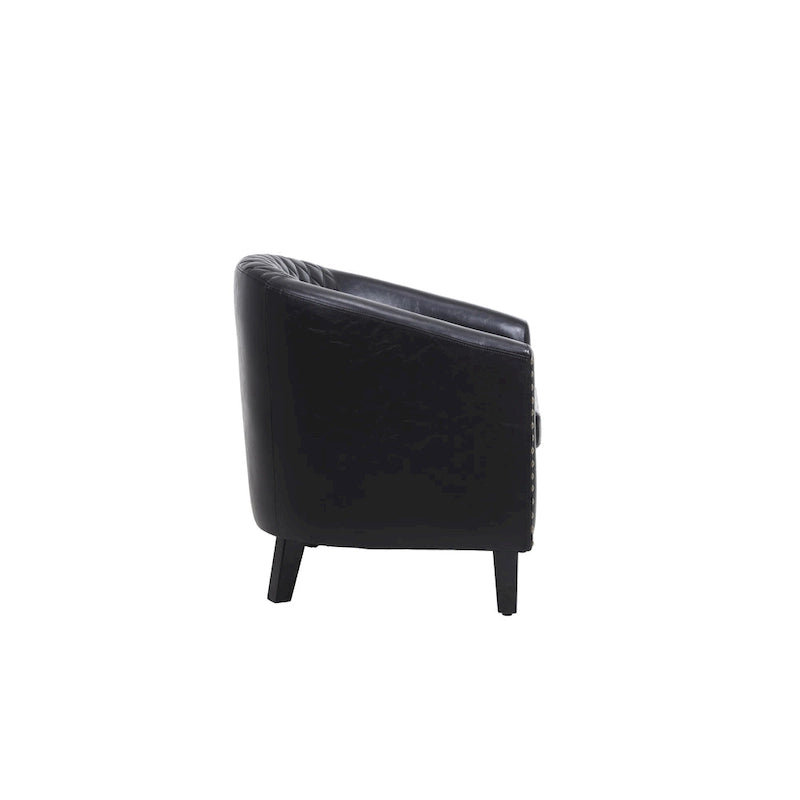 Quilted PU Leather Barrel Accent Chair with Nailhead Trim and Solid Wood Legs