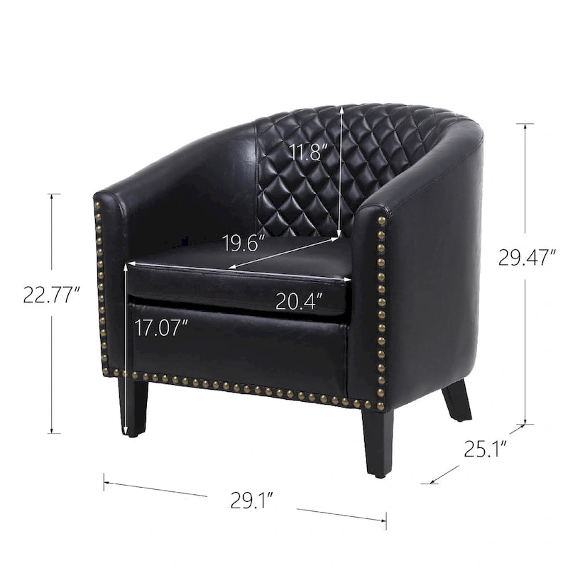 Quilted PU Leather Barrel Accent Chair with Nailhead Trim and Solid Wood Legs