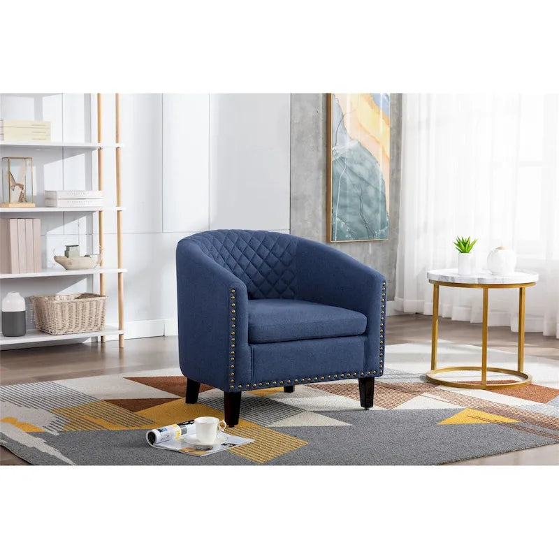 Quilted PU Leather Barrel Accent Chair with Nailhead Trim and Solid Wood Legs