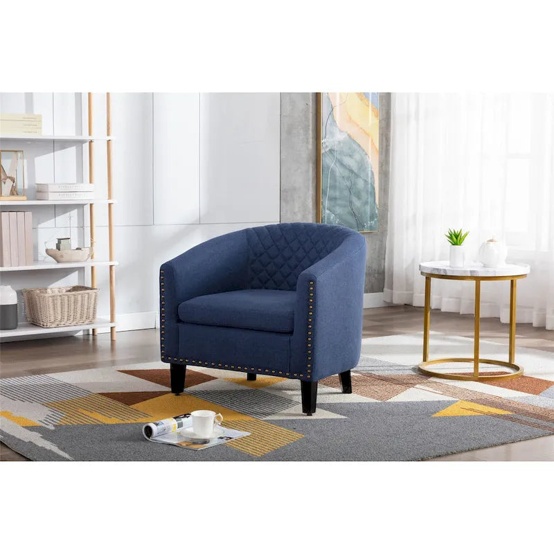 Quilted PU Leather Barrel Accent Chair with Nailhead Trim and Solid Wood Legs