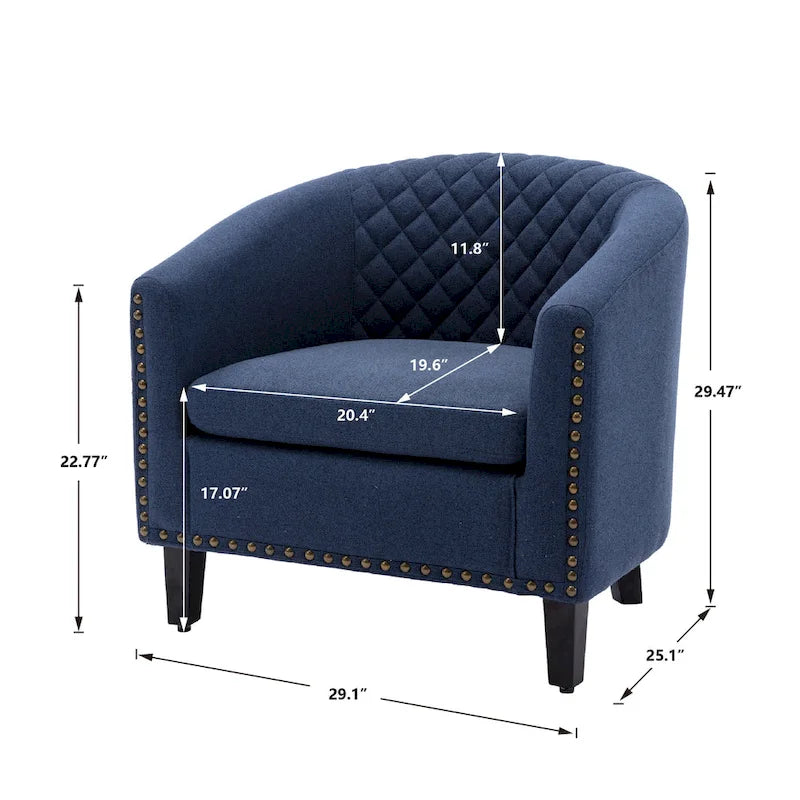 Quilted PU Leather Barrel Accent Chair with Nailhead Trim and Solid Wood Legs