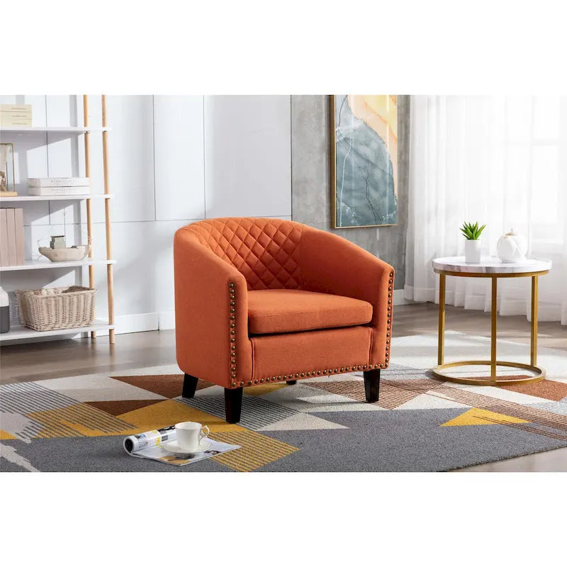 Quilted PU Leather Barrel Accent Chair with Nailhead Trim and Solid Wood Legs