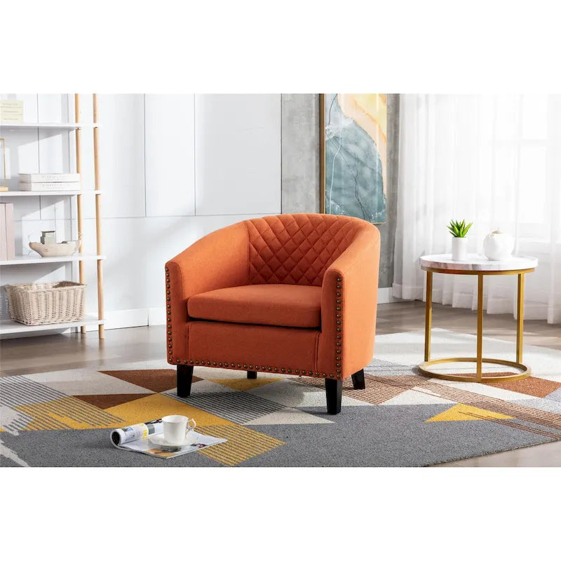 Quilted PU Leather Barrel Accent Chair with Nailhead Trim and Solid Wood Legs