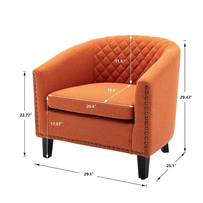 Quilted PU Leather Barrel Accent Chair with Nailhead Trim and Solid Wood Legs