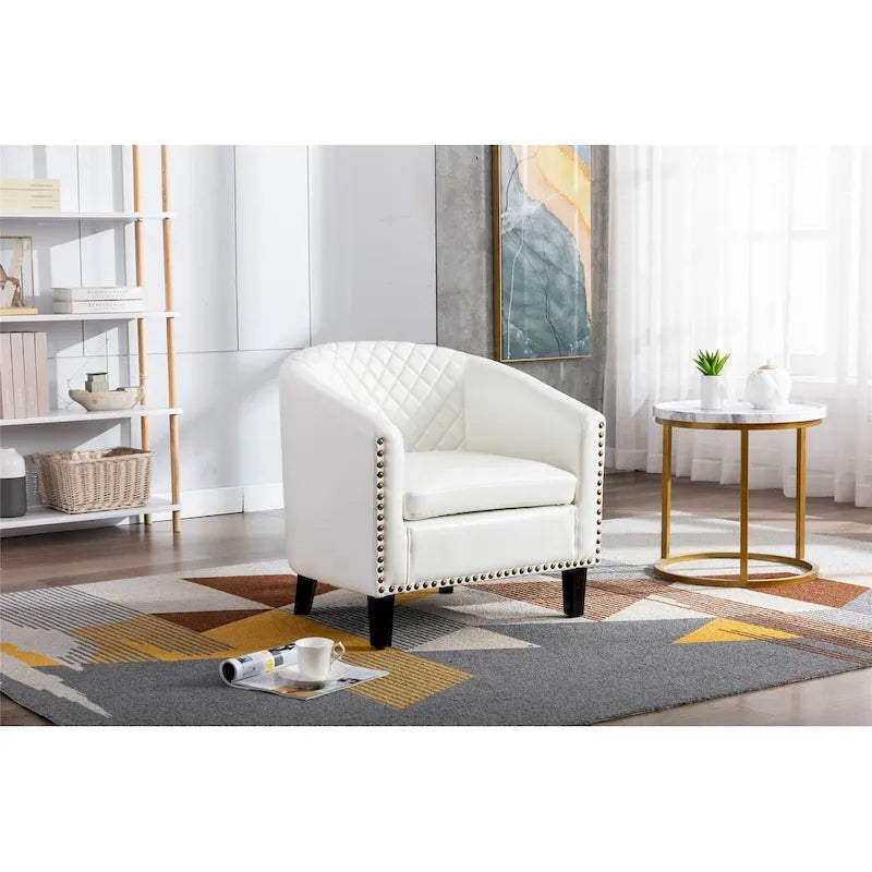 Quilted PU Leather Barrel Accent Chair with Nailhead Trim and Solid Wood Legs