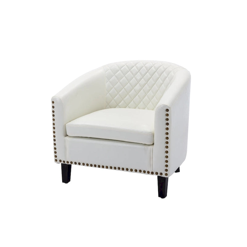 Quilted PU Leather Barrel Accent Chair with Nailhead Trim and Solid Wood Legs