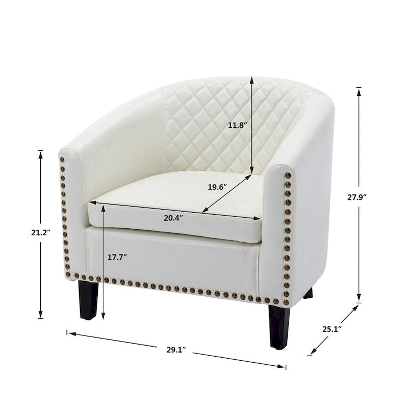 Quilted PU Leather Barrel Accent Chair with Nailhead Trim and Solid Wood Legs