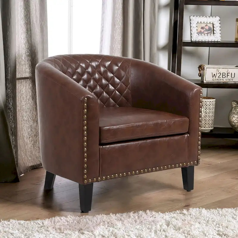 Quilted PU Leather Barrel Accent Chair with Nailhead Trim and Solid Wood Legs