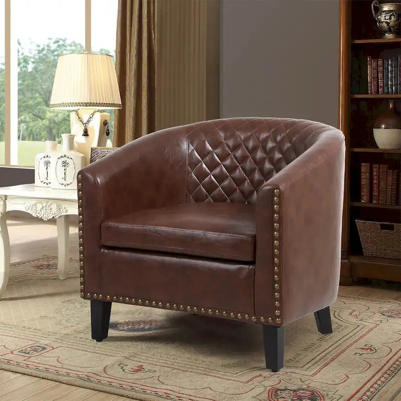 Quilted PU Leather Barrel Accent Chair with Nailhead Trim and Solid Wood Legs