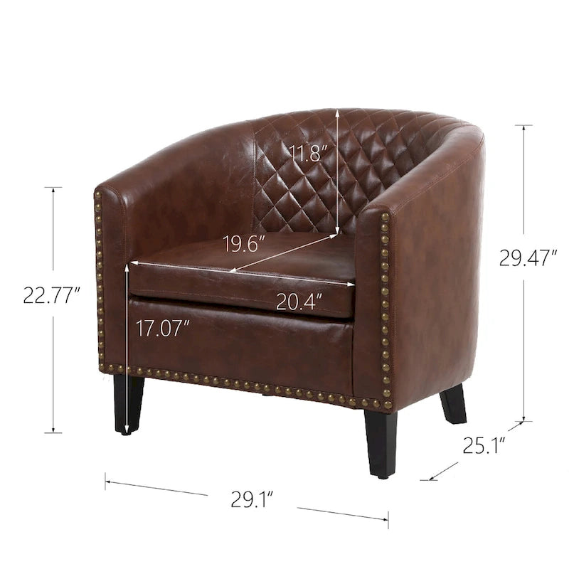 Quilted PU Leather Barrel Accent Chair with Nailhead Trim and Solid Wood Legs