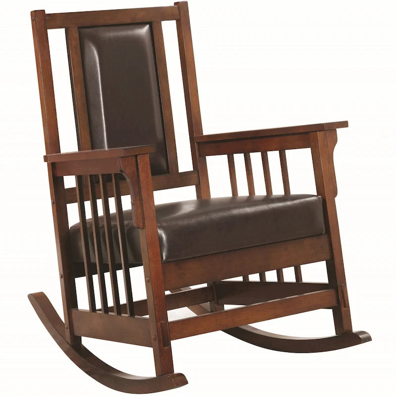 Mission Style Solid Wood Leatherette Upholstered Rocking Chair with Dark Oak Finish