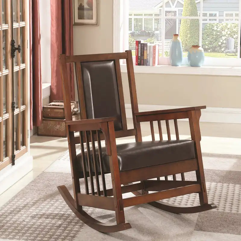 Mission Style Solid Wood Leatherette Upholstered Rocking Chair with Dark Oak Finish