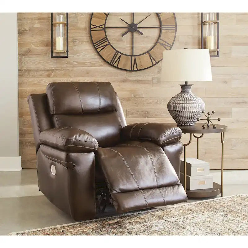 Power Recliner Chair with Adjustable Headrest and Extended Ottoman in Genuine Leather