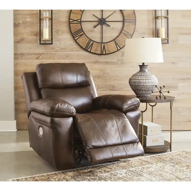 Power Recliner Chair with Adjustable Headrest and Extended Ottoman in Genuine Leather