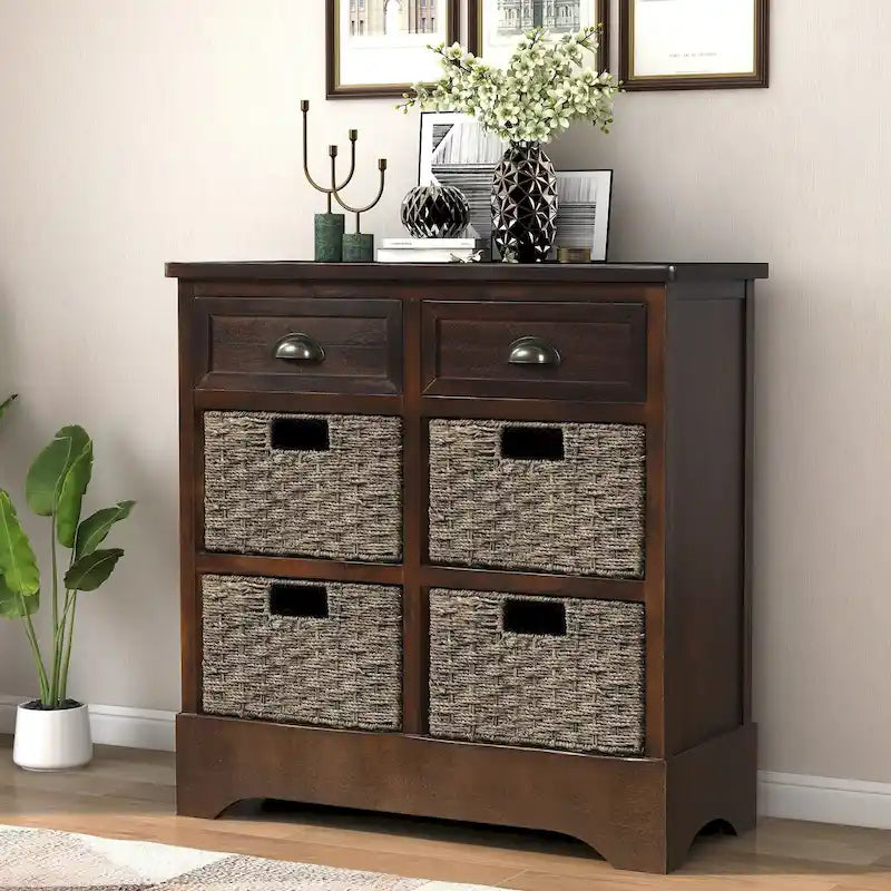 Retro Acacia Wood Storage Cabinet with Drawers and Woven Rattan Baskets
