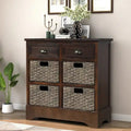 Retro Acacia Wood Storage Cabinet with Drawers and Woven Rattan Baskets