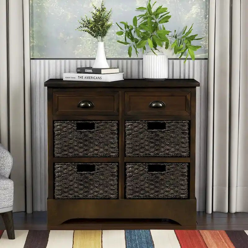 Retro Acacia Wood Storage Cabinet with Drawers and Woven Rattan Baskets
