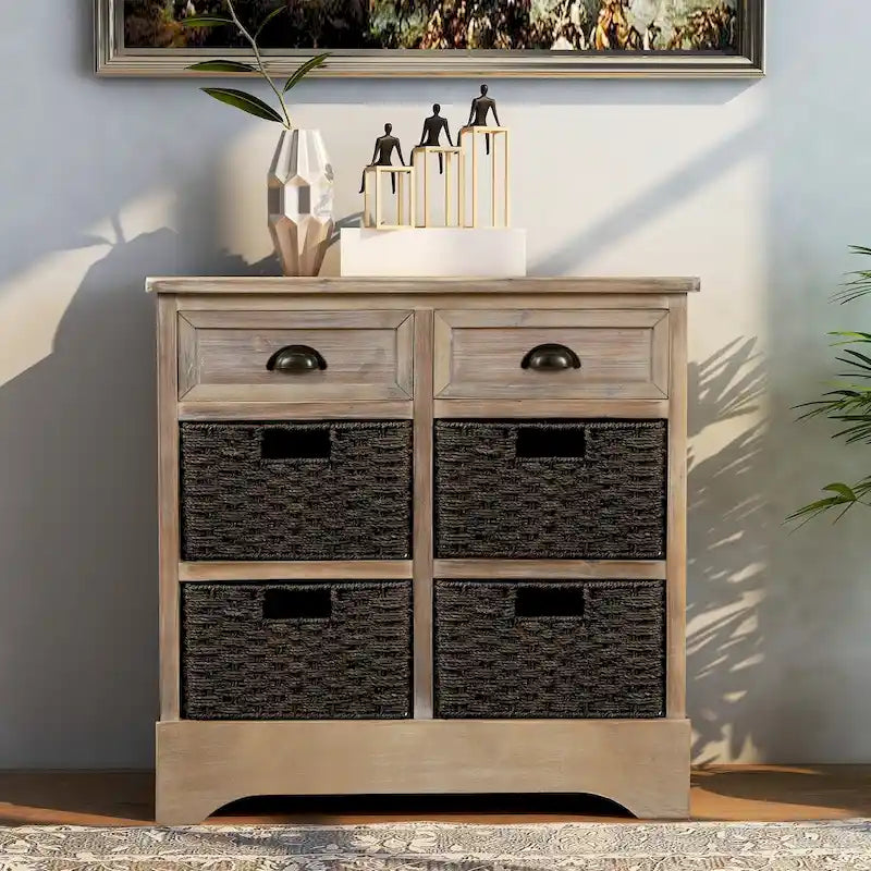 Retro Acacia Wood Storage Cabinet with Drawers and Woven Rattan Baskets