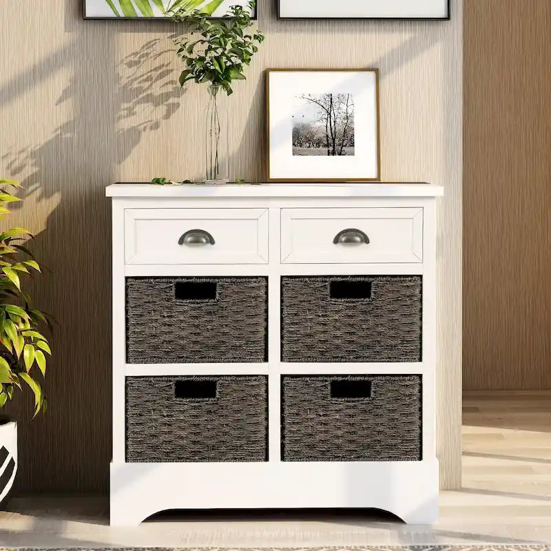 Retro Acacia Wood Storage Cabinet with Drawers and Woven Rattan Baskets