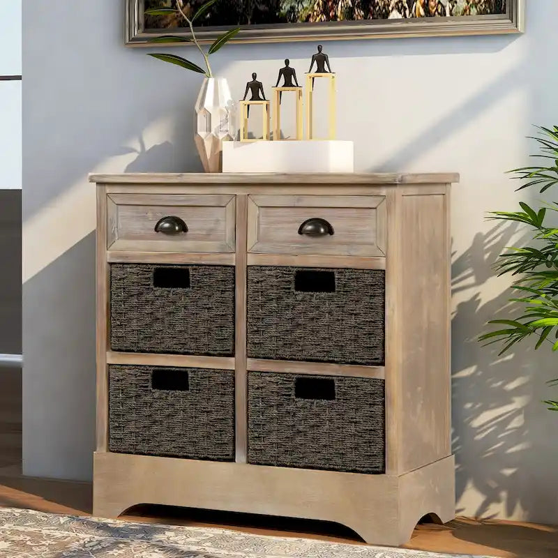 Retro Acacia Wood Storage Cabinet with Drawers and Woven Rattan Baskets