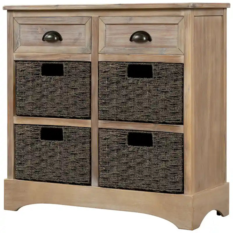 Retro Acacia Wood Storage Cabinet with Drawers and Woven Rattan Baskets