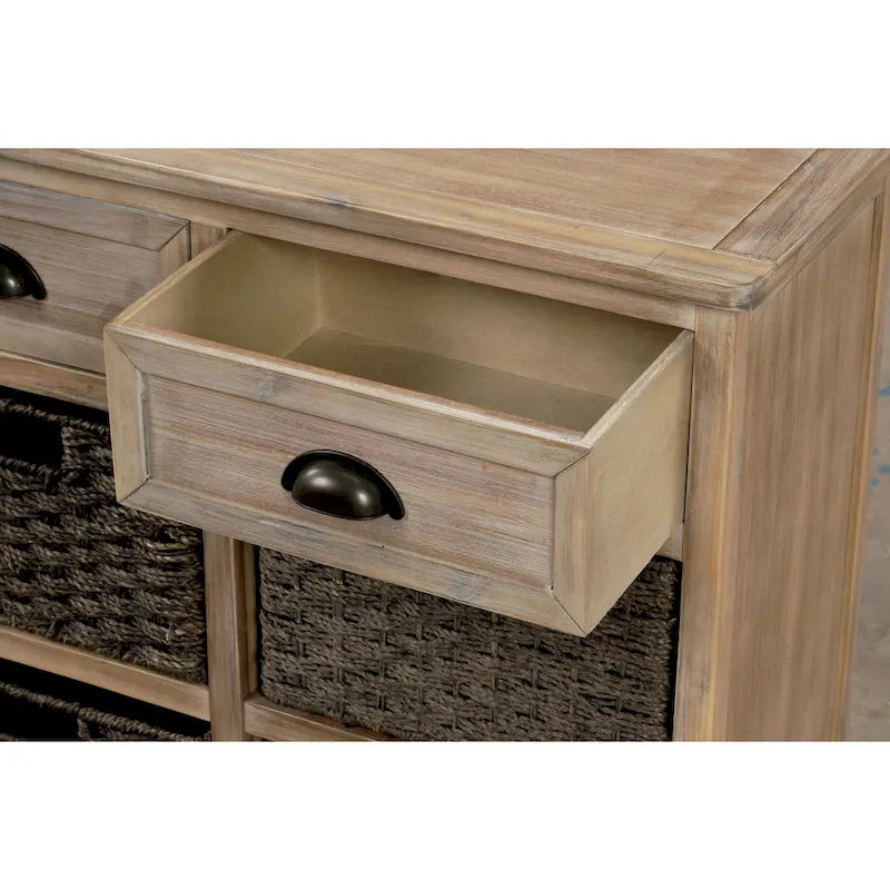 Retro Acacia Wood Storage Cabinet with Drawers and Woven Rattan Baskets