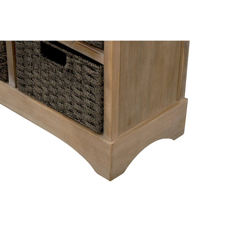 Retro Acacia Wood Storage Cabinet with Drawers and Woven Rattan Baskets