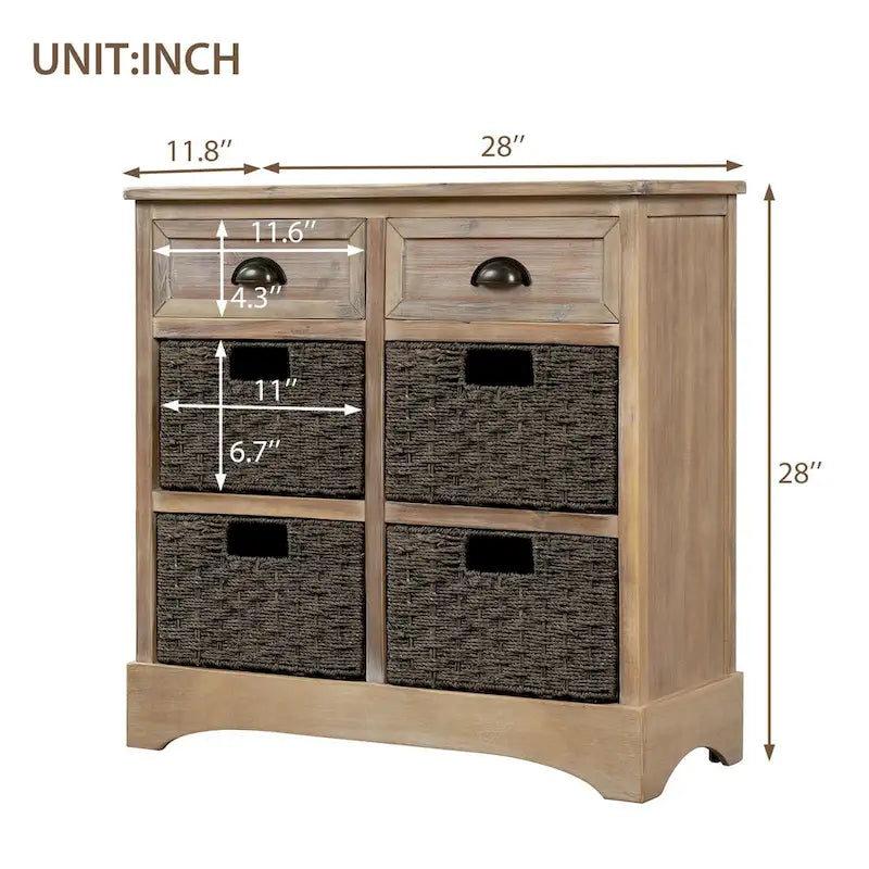 Retro Acacia Wood Storage Cabinet with Drawers and Woven Rattan Baskets