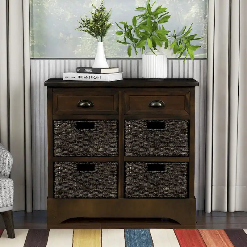 Retro Acacia Wood Storage Cabinet with Drawers and Woven Rattan Baskets