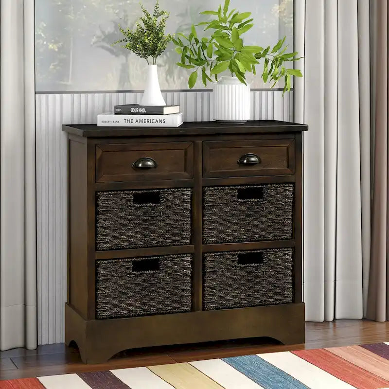 Retro Acacia Wood Storage Cabinet with Drawers and Woven Rattan Baskets
