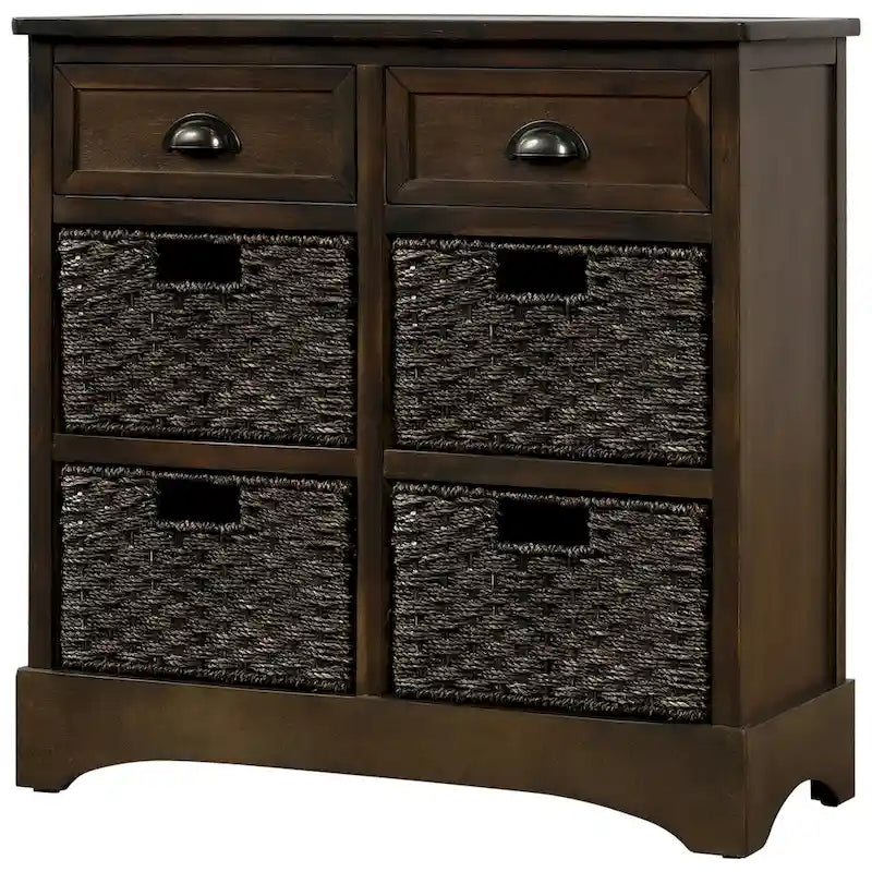 Retro Acacia Wood Storage Cabinet with Drawers and Woven Rattan Baskets