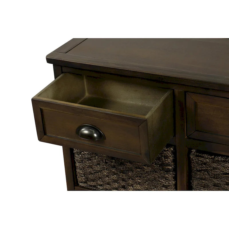 Retro Acacia Wood Storage Cabinet with Drawers and Woven Rattan Baskets