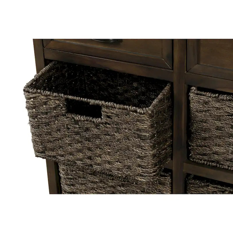 Retro Acacia Wood Storage Cabinet with Drawers and Woven Rattan Baskets