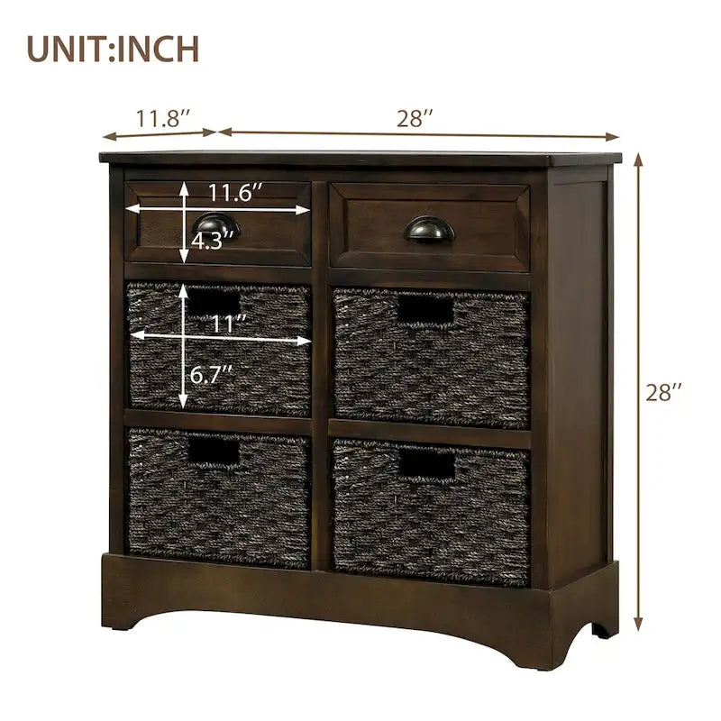 Retro Acacia Wood Storage Cabinet with Drawers and Woven Rattan Baskets