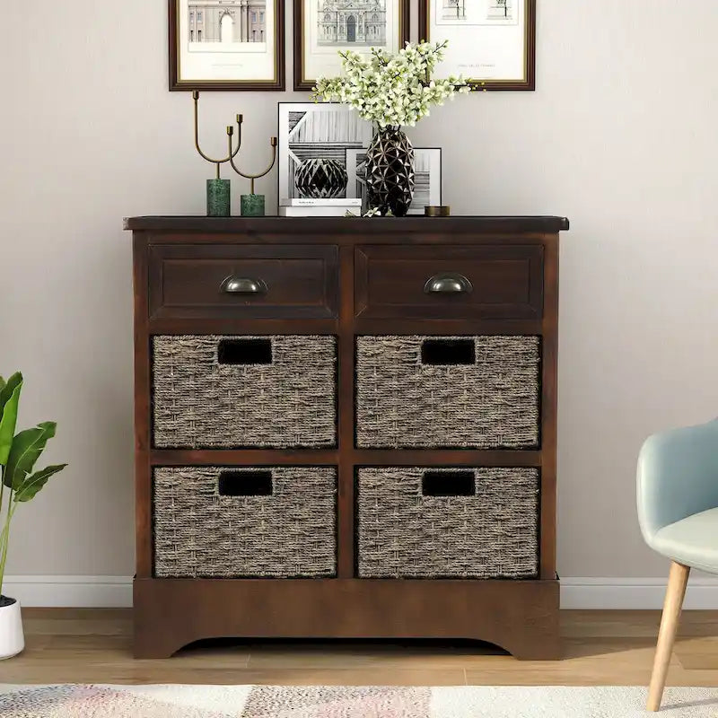 Retro Acacia Wood Storage Cabinet with Drawers and Woven Rattan Baskets