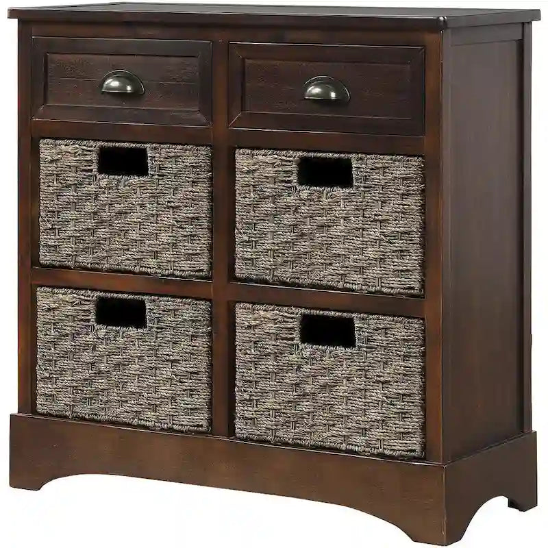 Retro Acacia Wood Storage Cabinet with Drawers and Woven Rattan Baskets