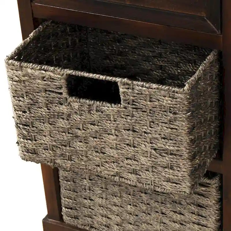 Retro Acacia Wood Storage Cabinet with Drawers and Woven Rattan Baskets