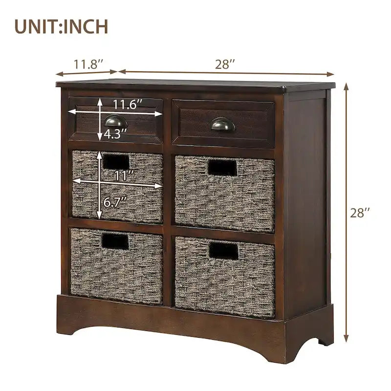Retro Acacia Wood Storage Cabinet with Drawers and Woven Rattan Baskets