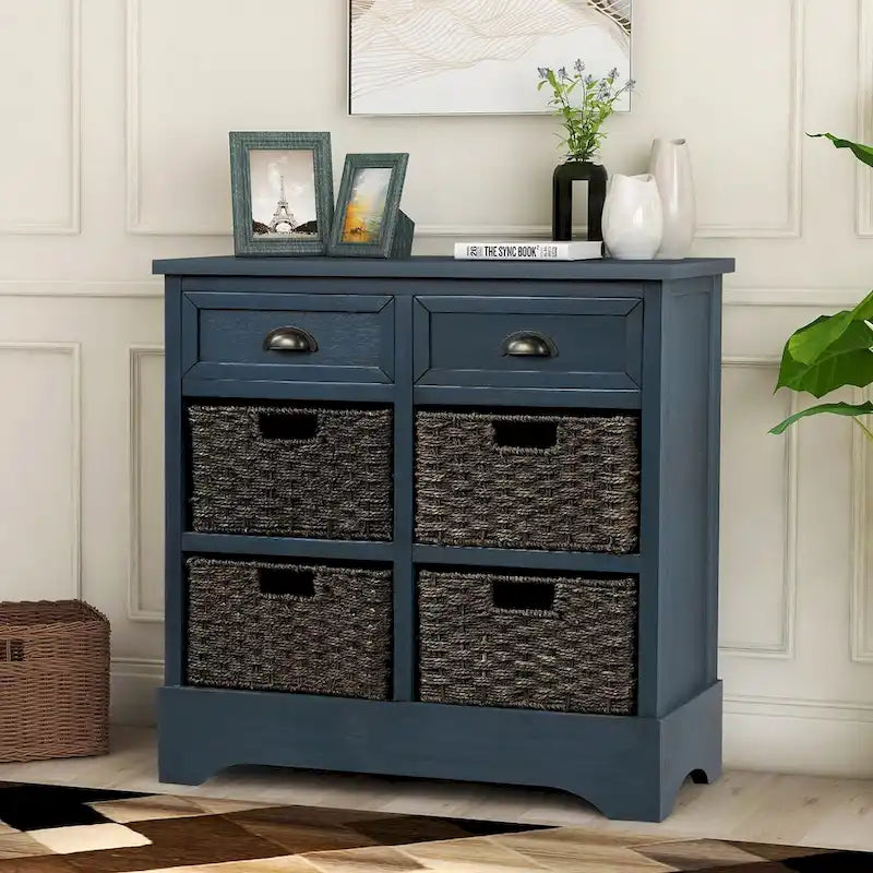 Retro Acacia Wood Storage Cabinet with Drawers and Woven Rattan Baskets