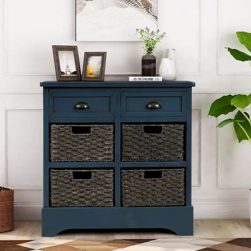 Retro Acacia Wood Storage Cabinet with Drawers and Woven Rattan Baskets